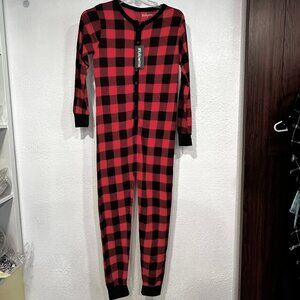 NEW #Followme Thermal Knit One Piece Henley Pajamas Red Black Plaid Womens Small